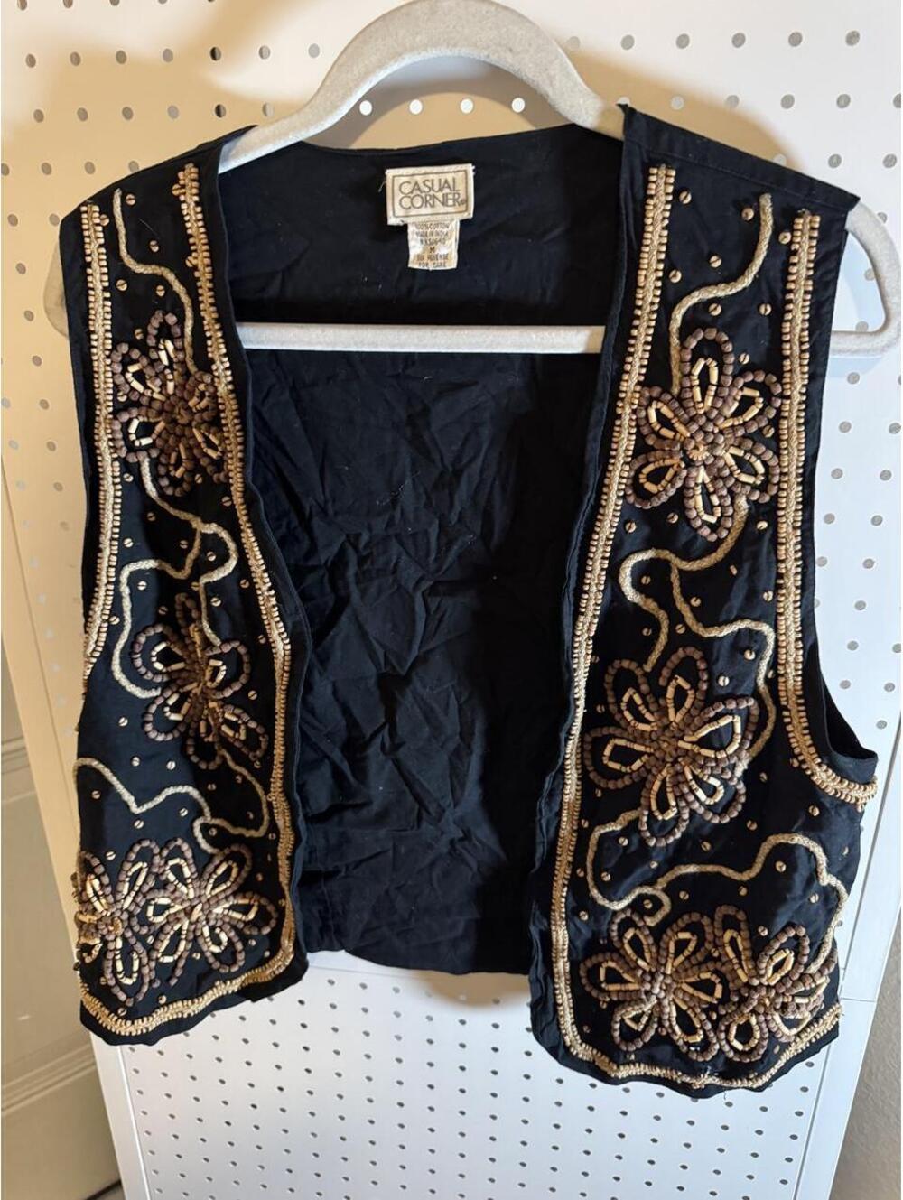 Vintage Casual Corner Beaded Floral Vest Black Gold Brown Size M